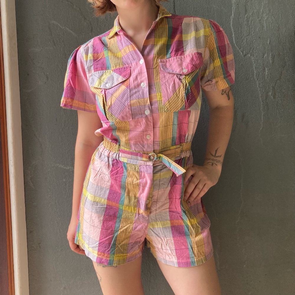 Vintage 70's Plaid Playsuit/Romper, Size S/M
